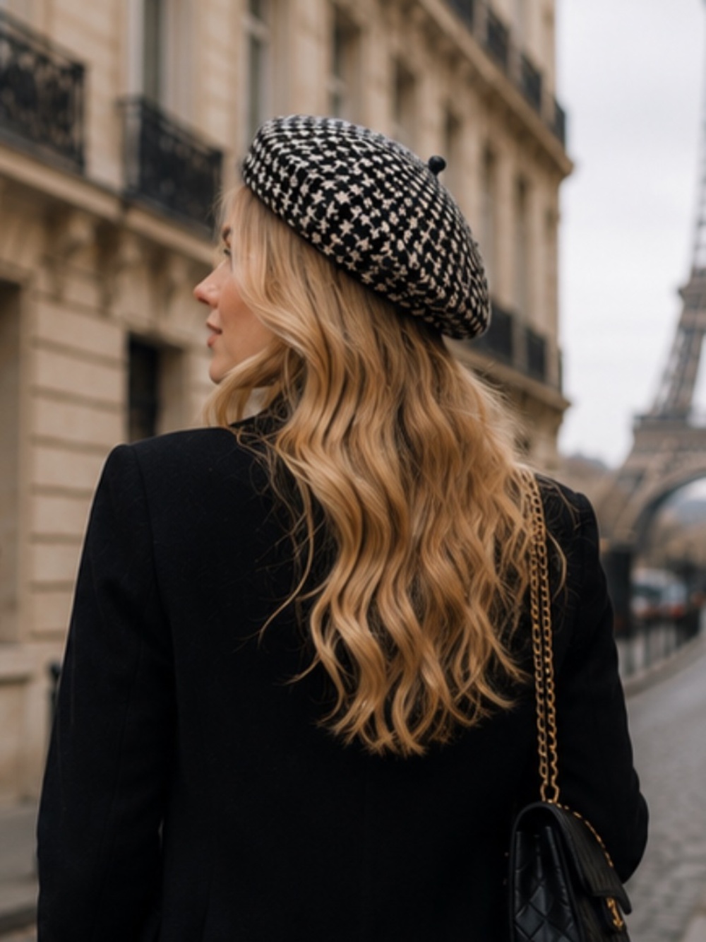 hic Parisian Houndstooth Beret Hat Women’s Black & White French Style Wool Blend